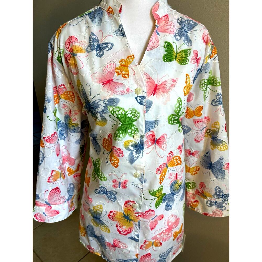 Vtg Butterfly AOP Tunic Top XL Grandma Colorful Fairy Button Up Boho 3/4 Sleeve